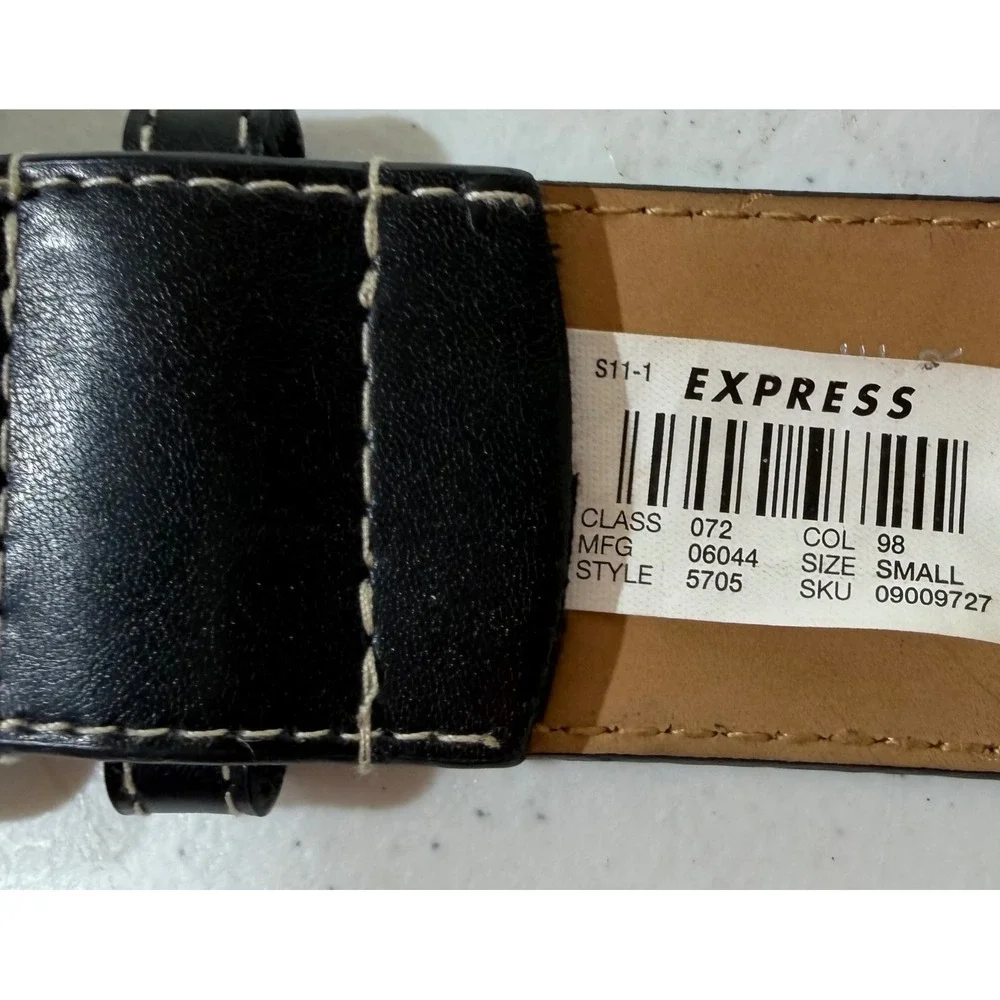 Express Leather Belt Small Black Grommet Silver Buckle Contrast Stitch Y2K Goth